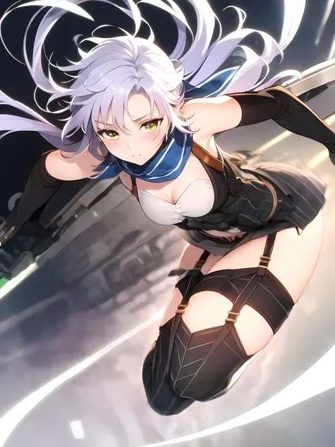 <lora:fieClaussellSenNoKiseki_v1:1>, (masterpiece), ultra high quality cg, best quality, fie claussell, long hair, grey vest, white tube top, blue scarf, elbow gloves, grey miniskirt, garter straps, black thigh boots, stunning environment, dynamic angle, d...