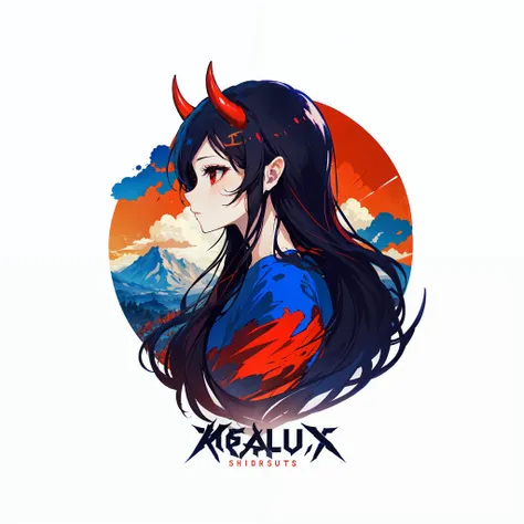 absurdres, 1girl, red eyes, black hair, long hair, wide-eyed, eyelashes, side view, demon horns, upper body, logo, <lora:logo_v1:0.75>, white background, simple background, t-shirt, circle, poster, clouds, blue sky, mountains