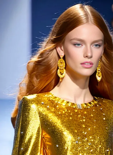 a woman with long red hair walking down a runway