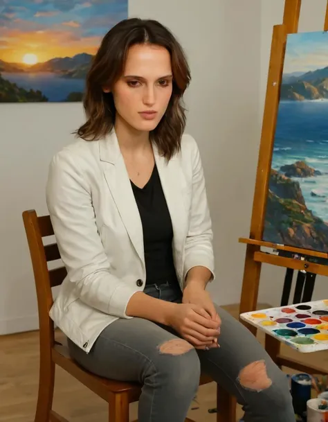 Cleo Abram, a beautiful fit young woman with a white jacket is sitting on a chair and (painting a picture):1.3 of the (big beautiful woman face) . The painting captures the beauty of the woman face and the surrounding scenery. The artists skillful use of c...