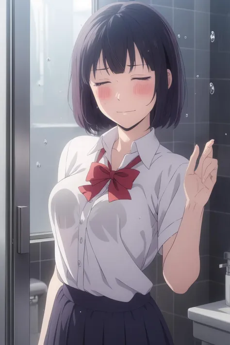 anime girl in a white shirt and black skirt standing in a bathroom