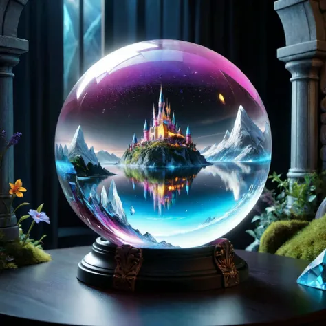 a close up of a crystal ball on a table with a castle in the background