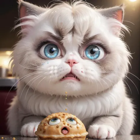 cute little furry ball kitty with large sparkling glittering googly tearful sad eyes is looking up to the viewer begging for food, ultra realistic