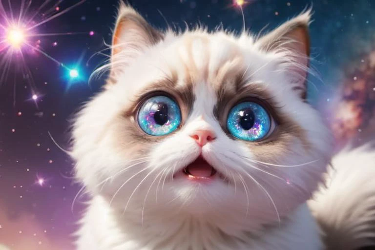 cute little furry kitty with large sparkling glittering googly eyes (galaxy in her eyes) is looking up to the viewer begging for foodultra realistic