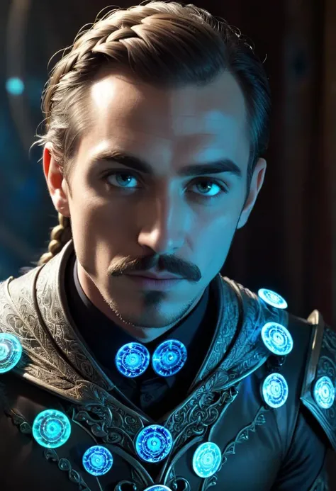 ((cinemtic shoot)) ((fantasy)) , ((rpg)),   ((focus on character)),  photo of   1 man with Beardstache and    Fishtail braid hairsytle  from tsaesci , as Warlock - wear glowing magic armor with mystery letters, magic circles in air, casting magic, magic ge...