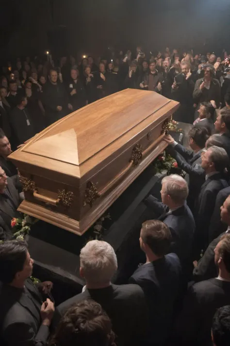 a group of people standing around a casket in a large room