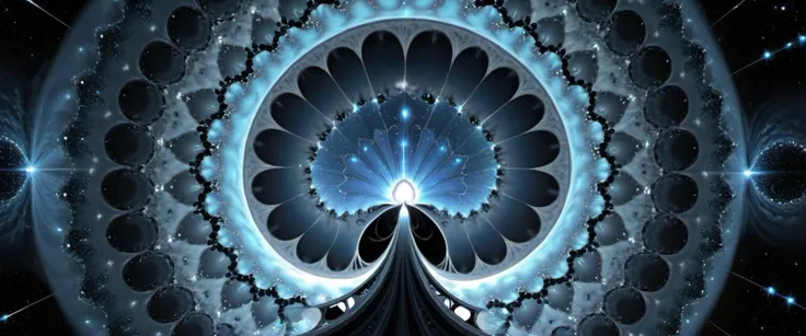 looking through a fractalite kaleidoscope at a Mandelbrot Set form which encapsules __bg/list/geometric-spacce__ which exists of starlight , while an interstellar sanctuary where the unknown beckons, is in the godrays light