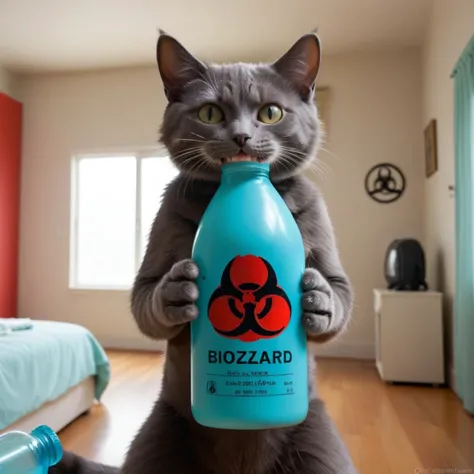 A cat in room holding in his animal hands  bottle with biohazard symbol,  a sly smile on the cats face