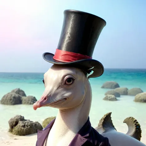 araffe wearing a top hat and a purple dress on a beach