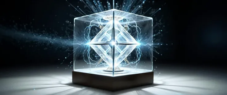 a 5 dimensional cube of arcana , surrounded by an aura of chaos particles , stable diffusion,