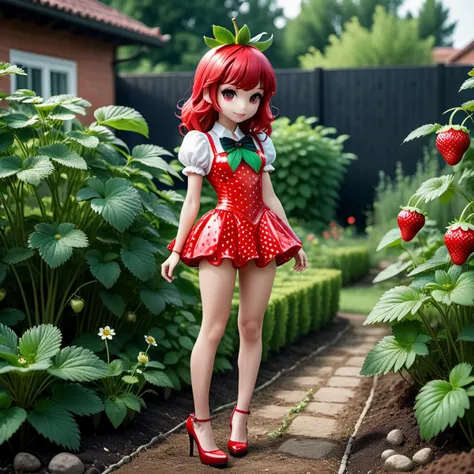 cinematic photo a very cute strawberry girl hybrid creature in high heels standing in the garden . 35mm photograph, film, bokeh, professional, 4k, highly detailed