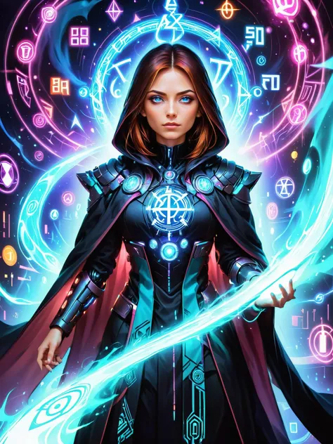 a woman in a black cloak holding a sword and surrounded by glowing lights