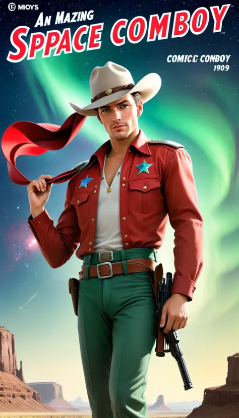 a cover for a comic book, a comic book cover about all space cowboy, 1 cowboy wearing a hat in the style of amazing stories, 1940s 1950s, red and green, comic art, realistic genre scenes, romanticized realism dynamic