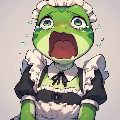 there is a cartoon frog dressed in a maid outfit