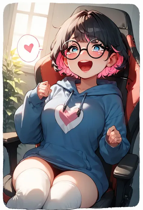 score_9, score_8_up, score_7_up, Expressiveh, 1girl, solo, cute face, cute features, shortstack, thin pink lips, long black eyelashes, ((short hair, black hair, pink highlights, bangs)), big round glasses, black framed glasses, blue eyes, (heart logo on ho...