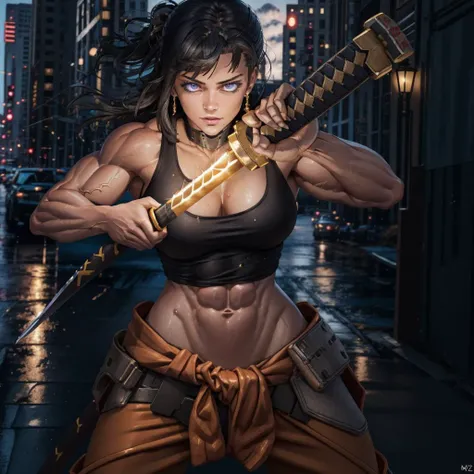 RAW photo, (high detailed skin, detailed eyes:1.1), intricate details, best quality, 8k uhd, soft lighting, maki oze, muscular female, abs, black tank top, orange pants, clothes around waist <lora:fireforce_oze:0.7>, IncrsUnsheathingAKatanaMeme, sheath, ho...