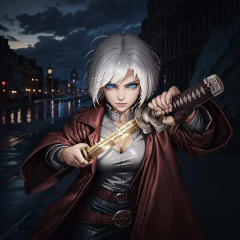 RAW photo, (high detailed skin, detailed eyes:1.1), intricate details, best quality, 8k uhd, soft lighting, 1girl, dante, white hair, short hair, coat, fingerless gloves, belt, smug <lora:dante:0.1>, IncrsUnsheathingAKatanaMeme, sheath, holding sheath <lor...