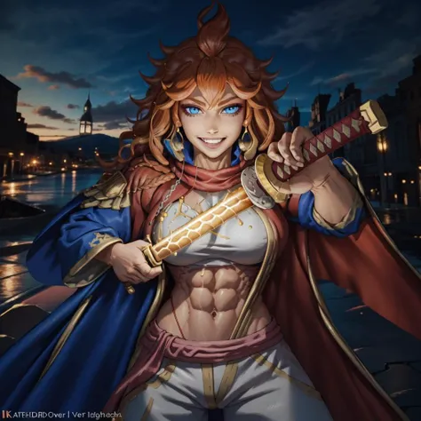 RAW photo, (high detailed skin, detailed eyes:1.1), intricate details, best quality, 8k uhd, soft lighting, mereoleona vermillion, blue shirt, red cape, white pants, orange hair, blue eyes, smile, abs, large breasts <lora:blackclover_mereoleona:0.8>, Incrs...