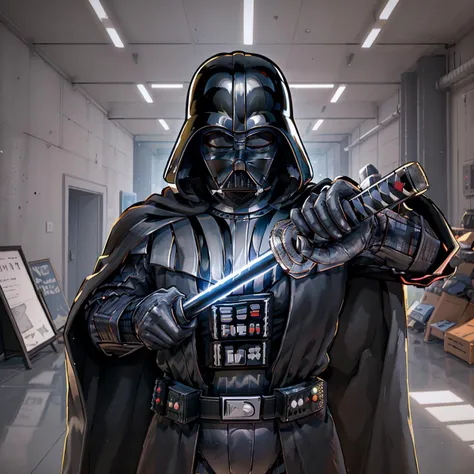 darth vader holding a sword in a hallway with a lot of boxes