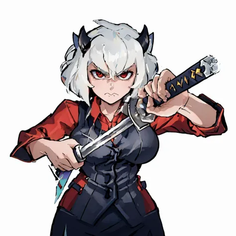 (masterpiece, best quality:1.2), solo, 1girl, htmalina, wavy mouth, incrsunsheathingakatanameme, v-shaped eyebrows, horns, waistcoat, red shirt, sleeves rolled up, black vest <lora:helltaker_malina:1> <lora:ChihiroUnsheathingAKatanaMeme:1>