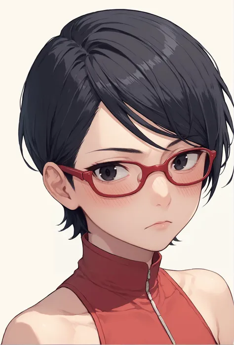 a close up of a person wearing glasses and a red top