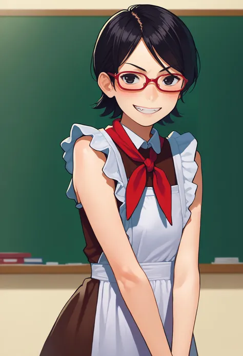 anime girl in glasses standing in front of a blackboard