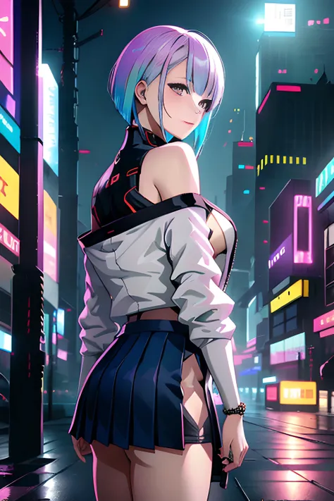 lucy, lucy from cyberpunk, cyberpunk edgerunner, cleavage, smile, cyberpunk, grey eyes, grey hair, mechanical parts, medium breasts, off shoulder, open clothes, open jacket, pastel hair, pink hair, Pastel Rainbow hair, short hair, dyed hair, lewd, medium b...