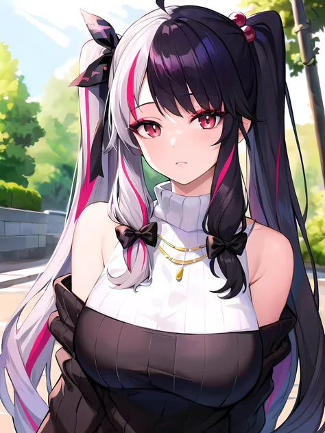 anime girl with long black hair and pink and white hair