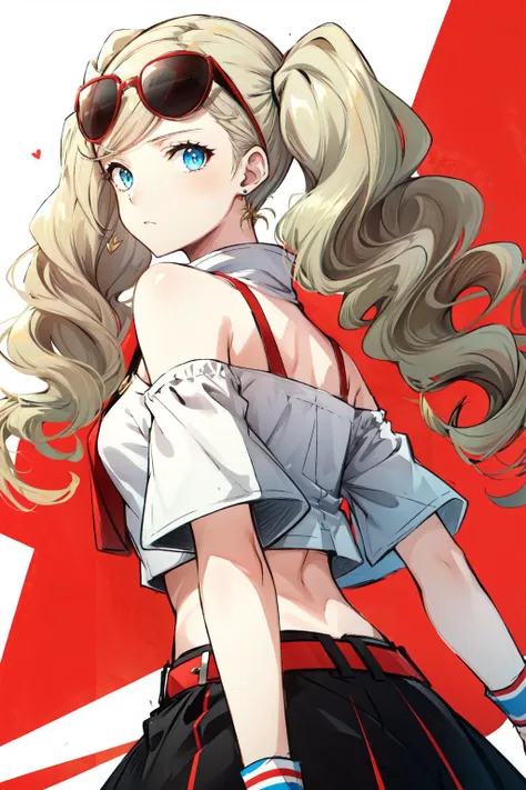 <lora:takamaki_anne-07:1>takamaki anne(persona 5), solo, jewelry, red belt, earrings, blue eyes, heart earrings, crop top, heart, sunglasses, bare shoulders, belt, shirt, blonde hair, off-shoulder shirt, looking back, 1girl, off shoulder, wristband, twinta...