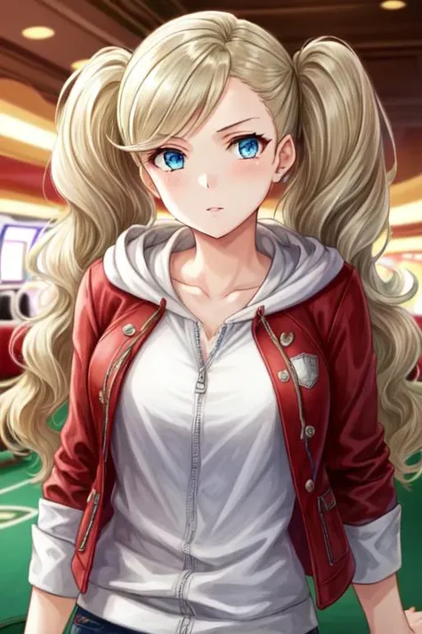 ((best quality)), ((highly detailed)), masterpiece, (detailed eyes, deep eyes), (1girl), upper body, <lora:hairdetailer:.7>, , <lora:takamaki_anne:.7>, takamaki anne(persona 5), blonde hair, long hair, twintails, blue eyes, hoodie, jacket, plaid skirt, red...