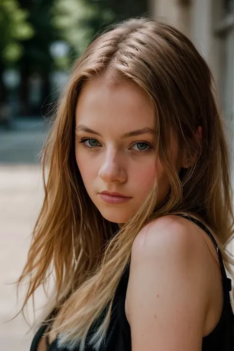 a close up of a woman with long hair and a black top