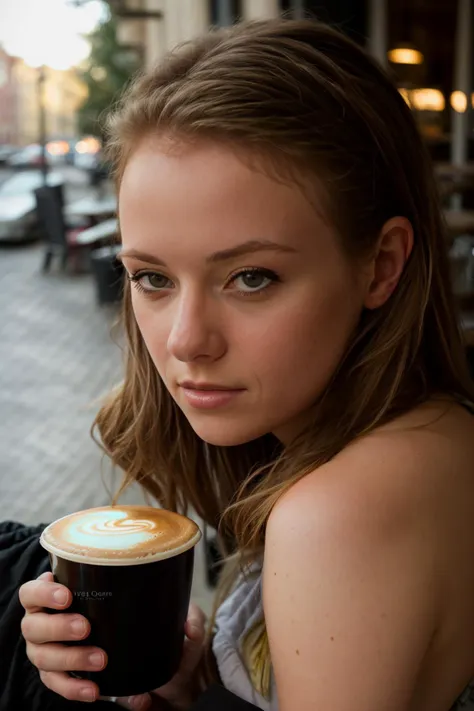 there is a woman holding a cup of coffee on a sidewalk