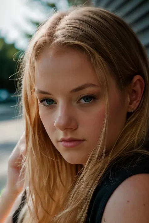 a close up of a woman with long hair and a black top