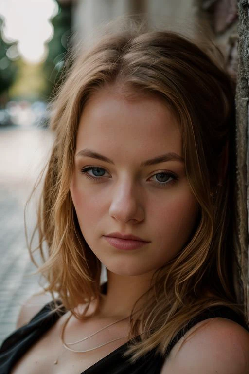 a close up of a woman leaning against a wall with a necklace on