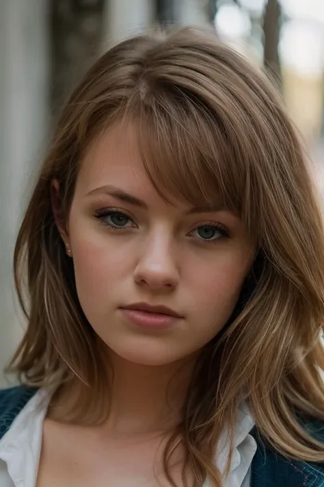 a close up of a woman with a jacket on and a shirt on