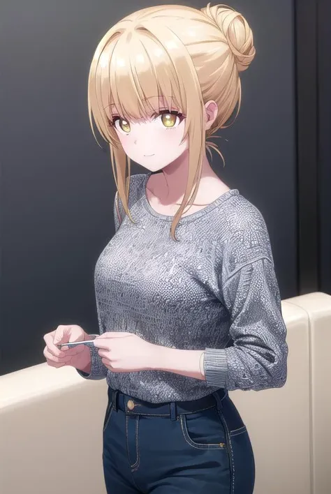 mahirushiina, <lora:mahiru shiina s1-lora-nochekaiser:1>,
mahiru shiina, bangs, blonde hair, brown hair, (yellow eyes:1.3), smile,
BREAK shirt, sidelocks, pants, hair bun, single hair bun, yellow shirt, green pants,
BREAK indoors,
BREAK looking at viewer, ...