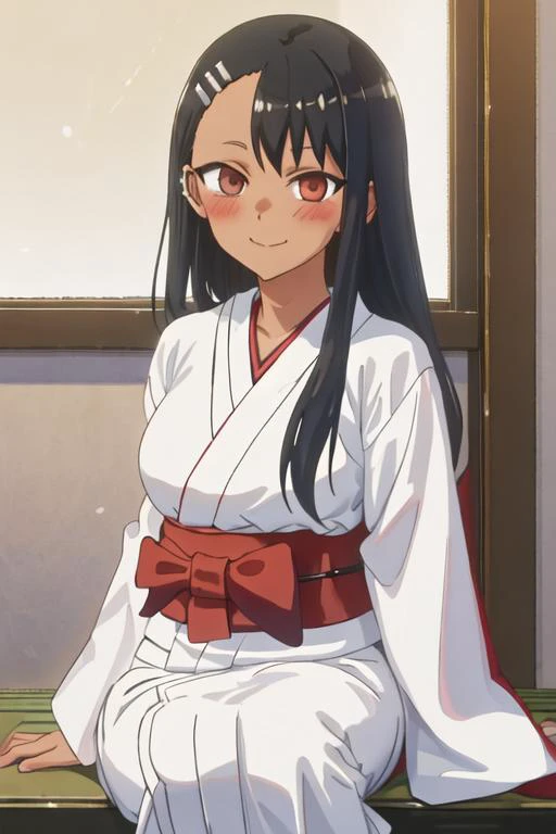 best quality, masterpiece, highres, solo, {white kimono:1.35}, {red hakama:1.35}, {wide sleeves:1.20}, {nagatoro_hayase_donttoywithmemissnagatoro:1.15}, black_hair, long_hair, dark-skinned_female, dark_skin, brown_eyes, hairclip, hair_ornament, blush, bang...