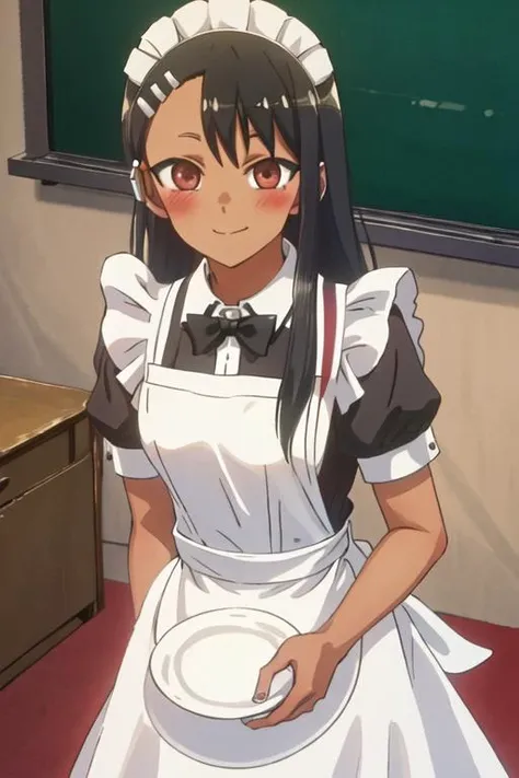 best quality, masterpiece, highres, solo, {maid:1.40}, {long maid dress:1.15}, {nagatoro_hayase_donttoywithmemissnagatoro:1.15}, black_hair, long_hair, dark-skinned_female, dark_skin, brown_eyes, hairclip, hair_ornament, blush, bangs, smile