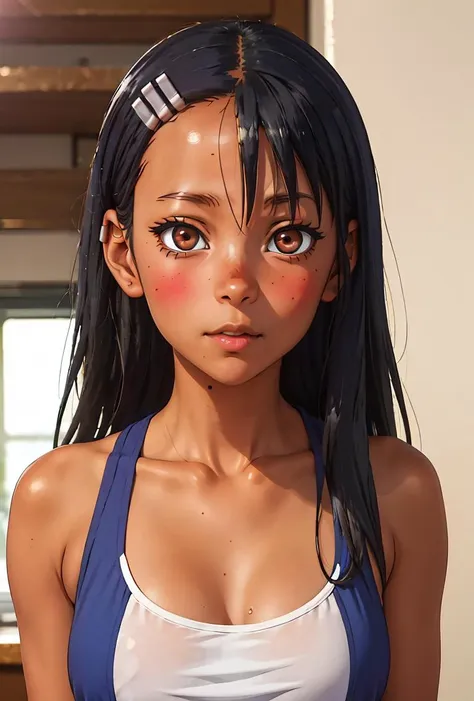 anime girl with long black hair and blue top posing for the camera