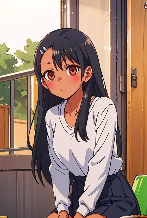 anime girl sitting on a bench with a cup of coffee