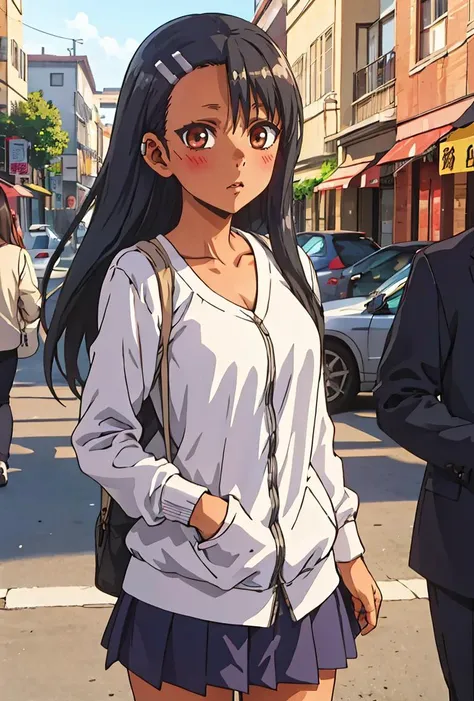 anime girl in a white shirt and blue skirt standing on a street