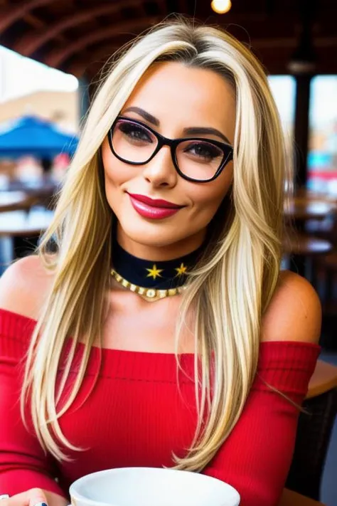 lenkadrag, black glasses, red lipstick, piercing eyes, looking straight, very happy,long hair, wearing an off-shoulder sweater, choker, closeup portrait, in a outdoor cafe in 2015, afternoon light