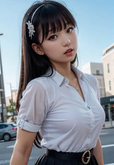 a close up of a woman in a white shirt and black skirt