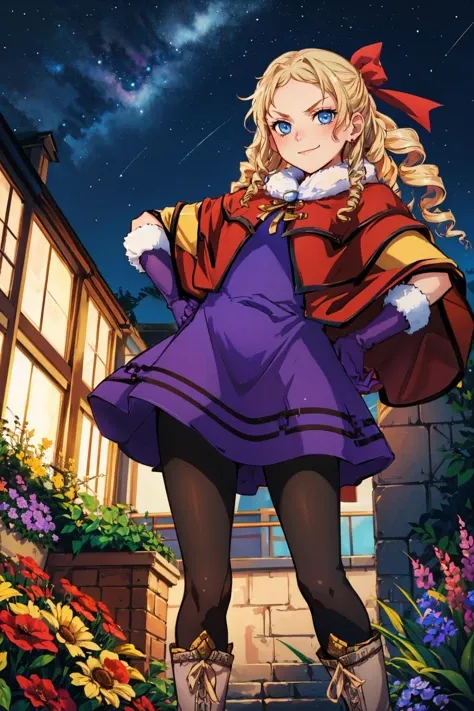 masterpiece, best quality,  <lora:ValkyrieProfile_Jelanda:0.9> JelandaVP, drill hair, ribbon, capelet, purple dress, gloves, pantyhose, boots, jewelry, looking at viewer, smug, from below, ojou-sama pose, night sky, garden