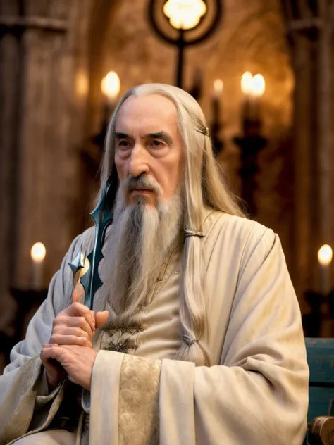 a close up of a man with a long beard sitting on a bench