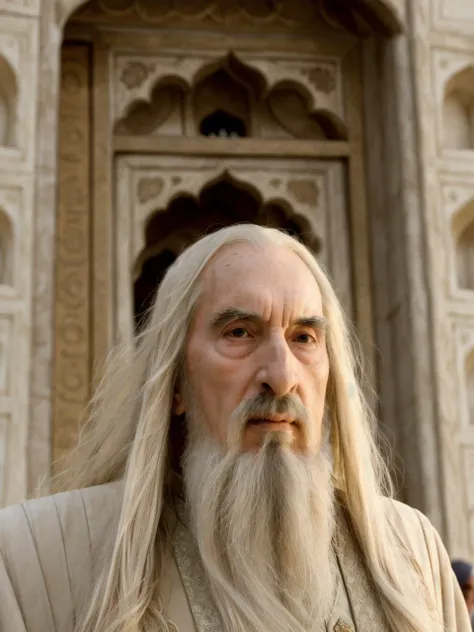 a close up of a man with a long white beard and a white jacket