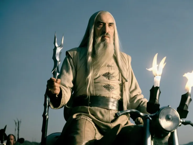 arafed man with a long white beard and a sword sitting on a motorcycle