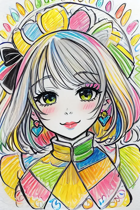 a drawing of a girl with a colorful dress and a bow