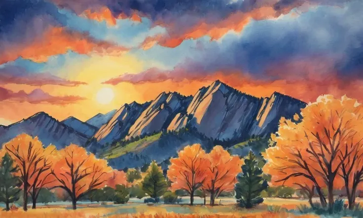 A vibrant sunset over the flatirons in boulder co, brought to life in Gouache Painting, with warm oranges and deep blues, casting a nostalgic, dreamy ambiance. <lora:crayons_v1_sdxl:1>