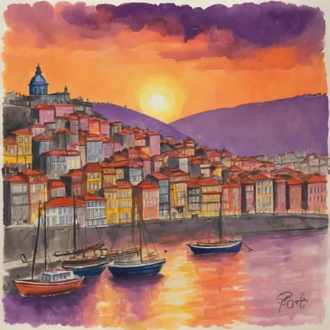 A vibrant sunset over porto portugal, brought to life in Gouache Painting, with warm oranges and deep purples, casting a nostalgic, dreamy ambiance. <lora:crayons_v1_sdxl:1>